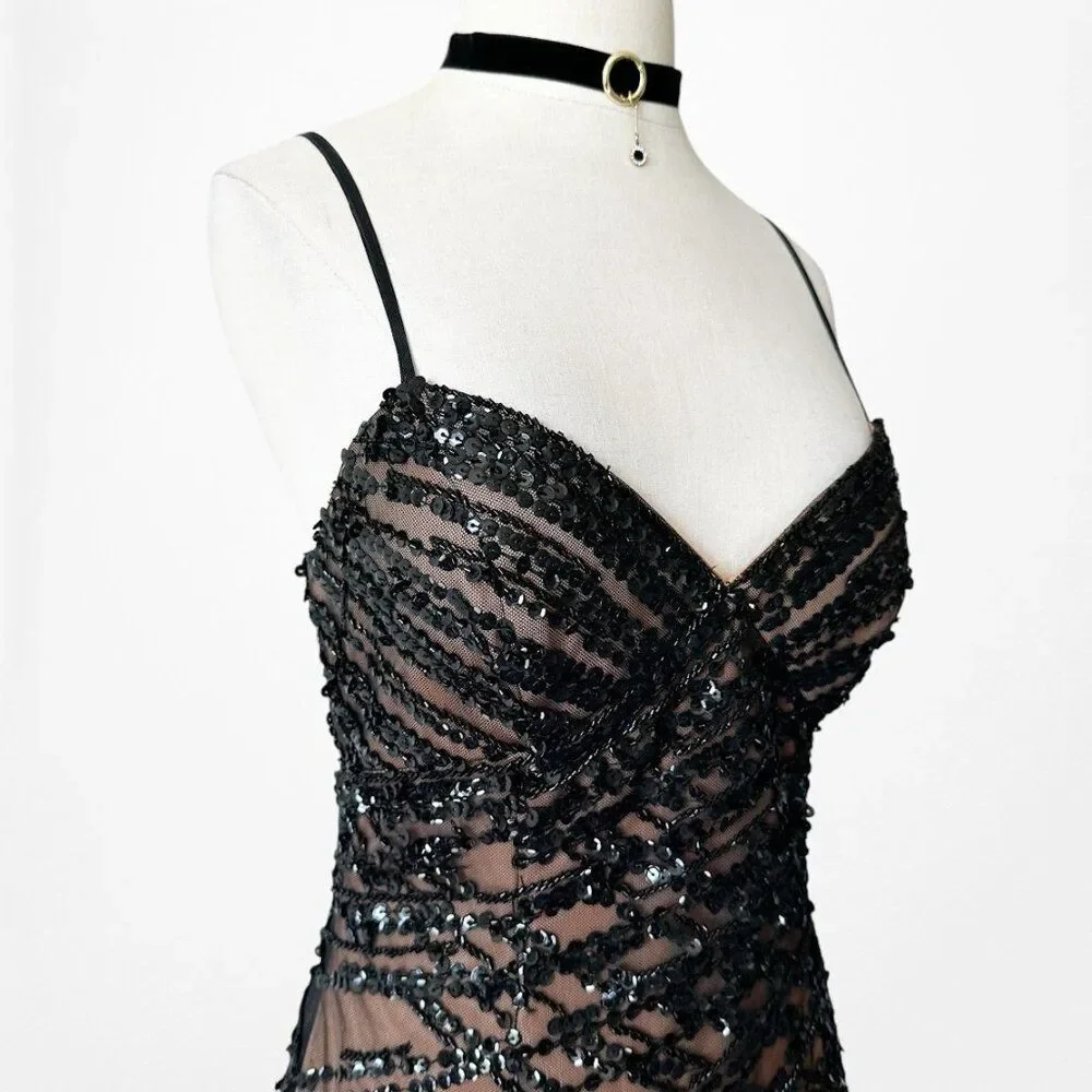 Vintage Y2K Brown Black Beaded Mesh Maxi Bodycon Side Slit Prom Dress Size M/L